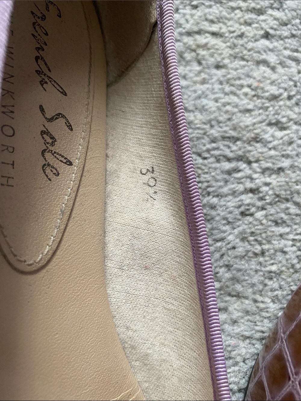 French Sole Brown Croc Ballet Flats with Lilac Trim - Picture 4 of 15